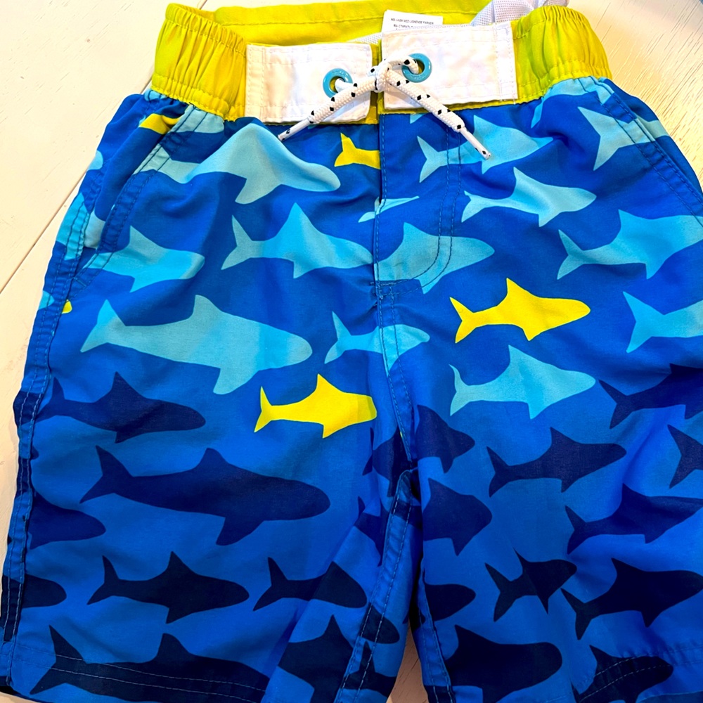 Mini Boden boys size 5-6 years shark print swim short trunks; elastic waistband